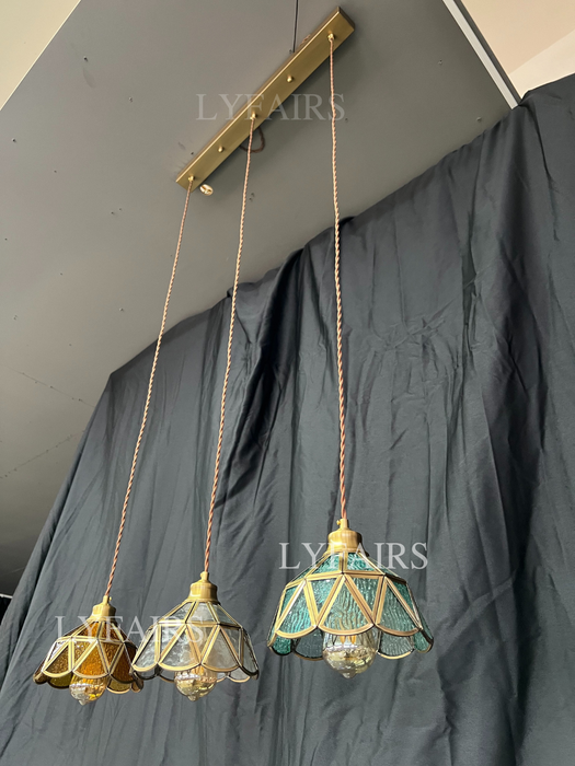 Tiffany Vintage Brass and Stained Glass Irregular Lattice Pendant Chandeliers for Dining/Bedsid/Bar