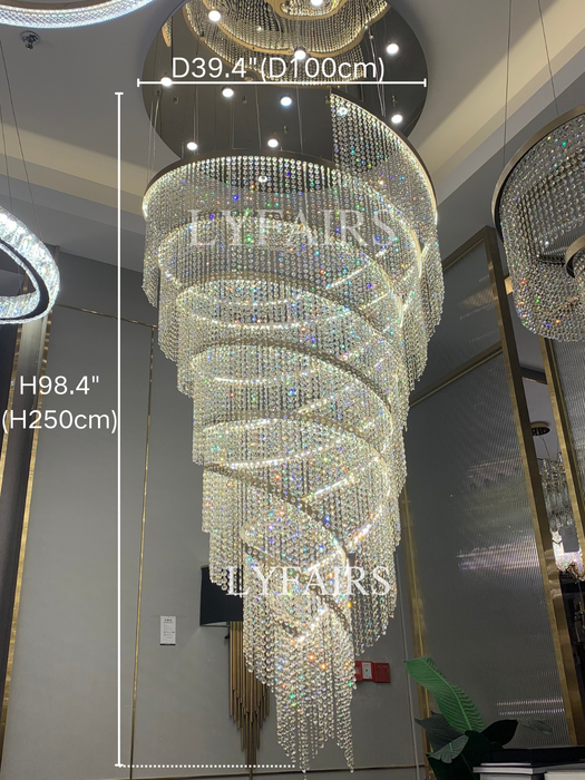 Lámpara de araña de cristal de acero inoxidable cromado, accesorio de iluminación de techo alto grande para entrada de escalera