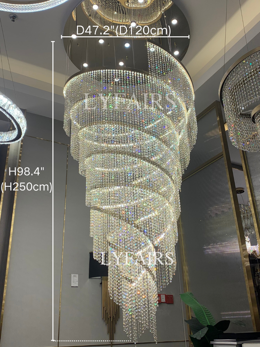 Lámpara de araña de cristal de acero inoxidable cromado, accesorio de iluminación de techo alto grande para entrada de escalera