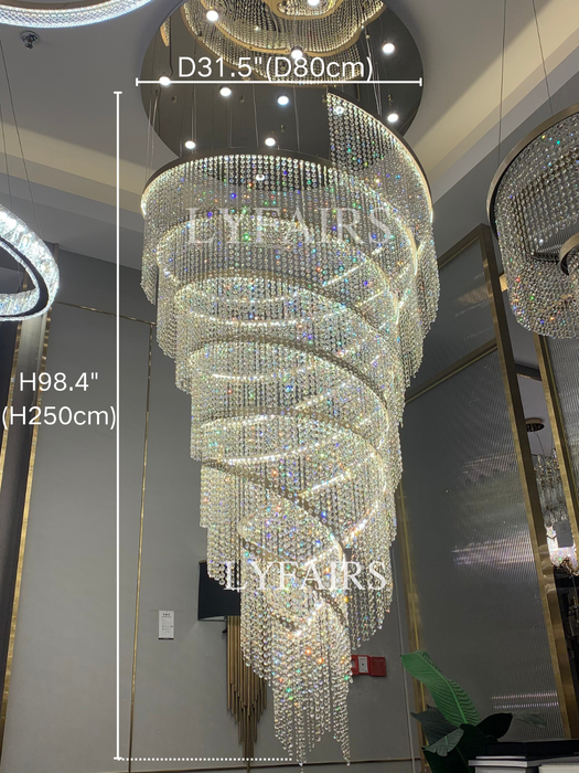 Lámpara de araña de cristal de acero inoxidable cromado, accesorio de iluminación de techo alto grande para entrada de escalera