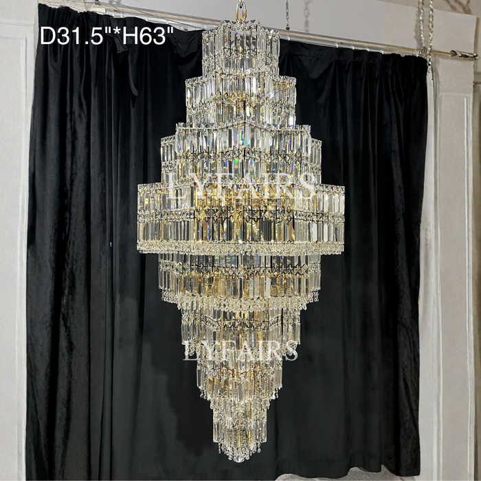 Lampadario di cristallo a più livelli extra large Plaza Hall Foyer Soggiorno Scala Apparecchio di illuminazione a soffitto con finitura cromata / argento