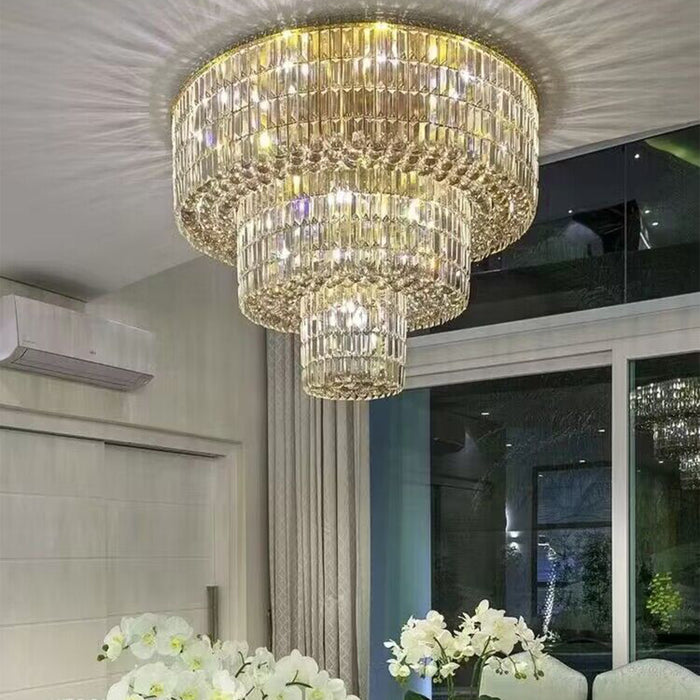 Extra Large Gold Flush Mount Round 3-layers Crystal Chandelier