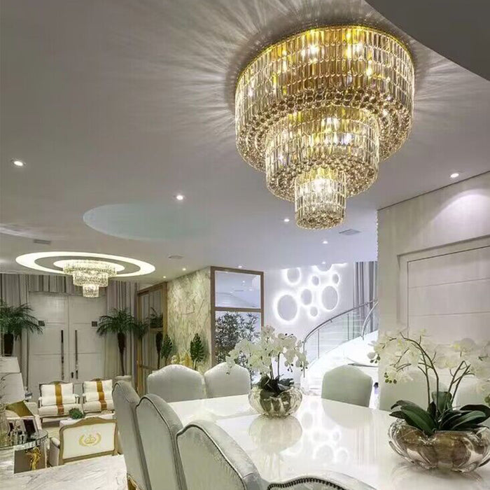 Extra Large Gold Flush Mount Round 3-layers Crystal Chandelier