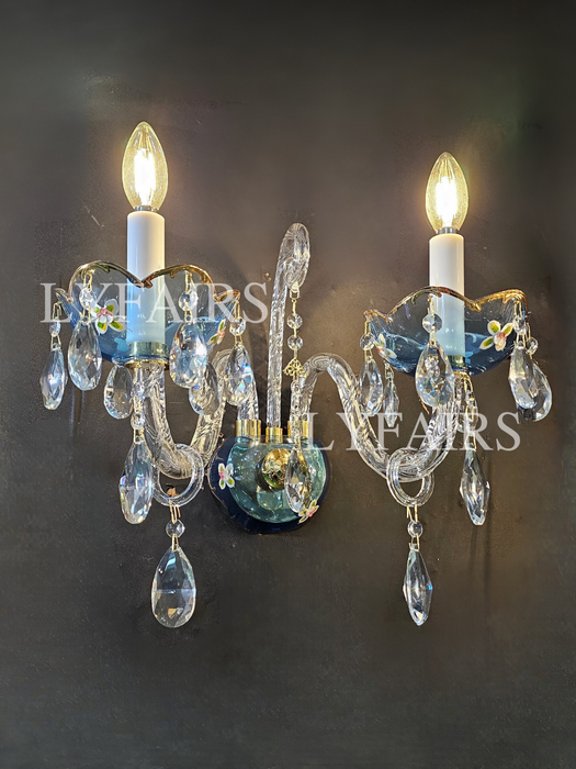 French Romantic Blue Crystal Designer Wall Lamp