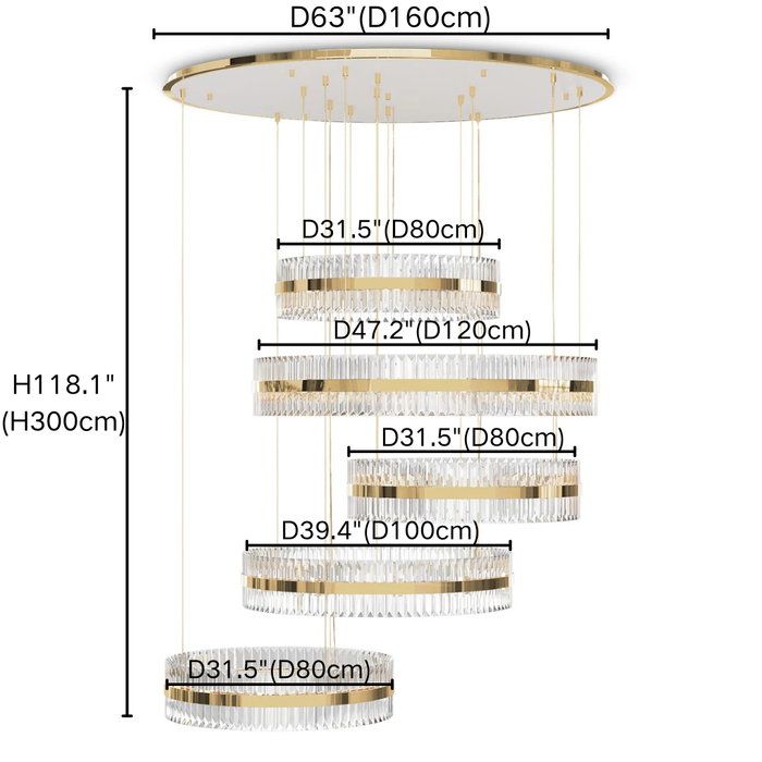 Lámpara de araña de cristal de 5 anillos con acabado dorado