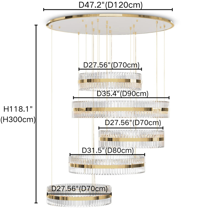 Lámpara de araña de cristal de 5 anillos con acabado dorado