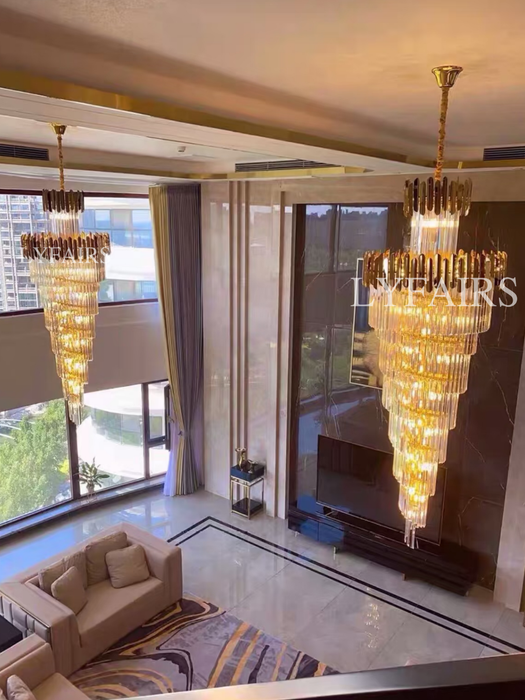 Luxury Gold Trimmed Long Crystal Chandelier Foyer Staircase Extra Large Ceiling Light Fixture