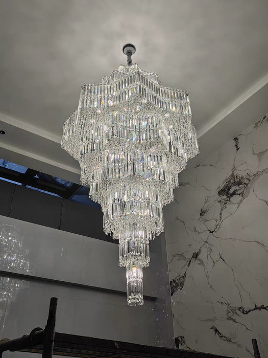Lampadario di cristallo a più livelli di lusso extra large Plaza per hall di hotel / foyer a 2 piani / soggiorno con soffitto alto