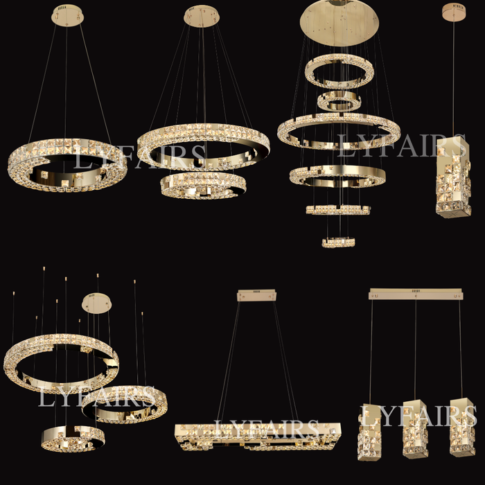 Modern Luxury 1/2/3/6-Ring Crystal Pixel Cube Chandelier Set for Staircase/Foyer/Living Room