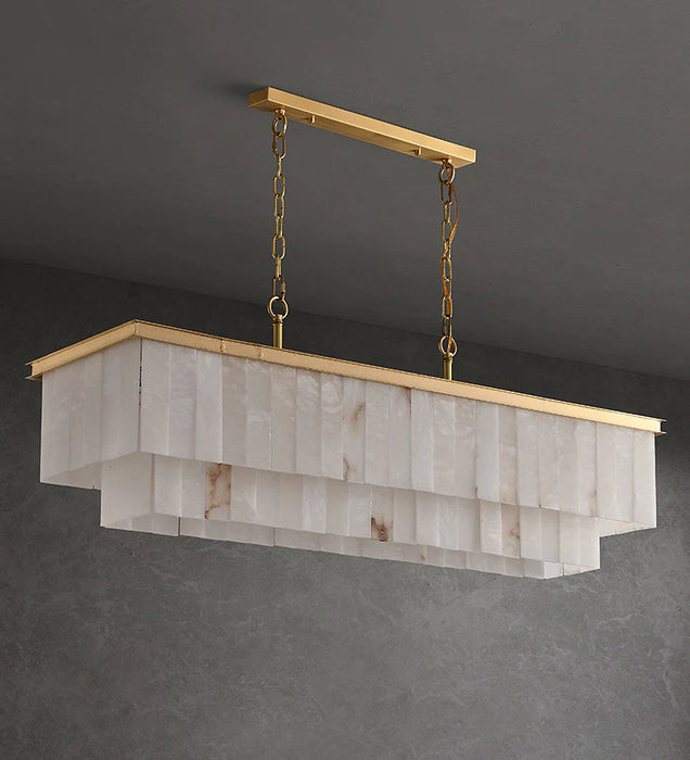 Modern Rectangular 2-tier Alabaster Chandelier for Dining Room