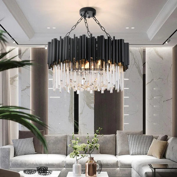Modern Round Black Tube Crystal Chandelier for Low Ceiling