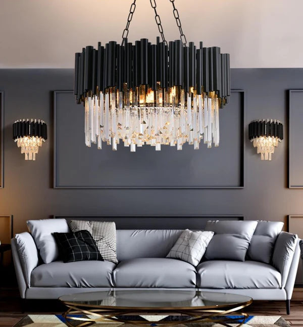 Modern Round Black Tube Crystal Chandelier for Low Ceiling