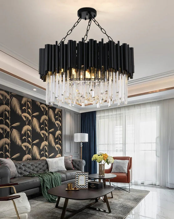 Modern Round Black Tube Crystal Chandelier for Low Ceiling