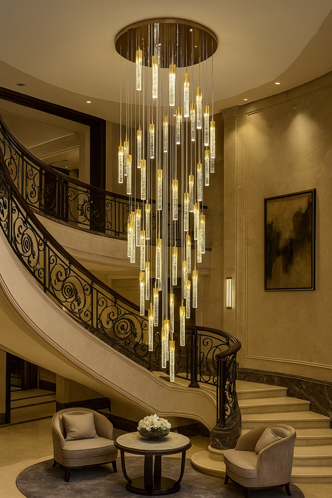 Modern Spiral Cylindrical Bubble Crystal Chandelier for High Ceiling