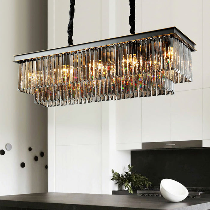 Lámpara de araña de cristal de isla de cocina de moda en acabado negro/gris ahumado Luz colgante de cadena rectangular de dos niveles/lámpara para mesa de comedor larga