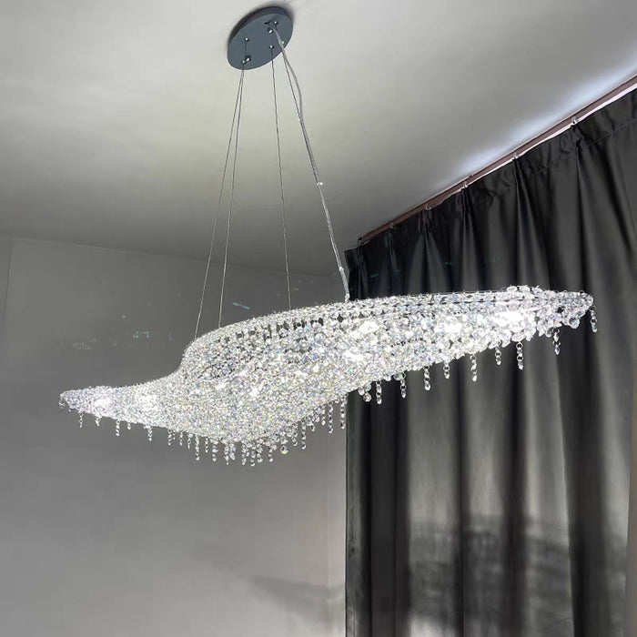 Lámpara de araña de cristal transparente ondulado en forma de S de lujo en negro/azul para comedor/sala de estar