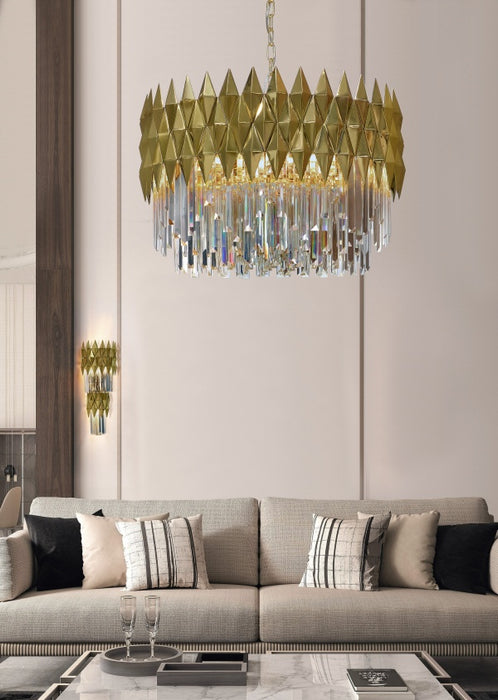 Lámpara de araña de cristal con acabado dorado redondo/rectangular de lujo de 1/2 niveles para sala de estar/dormitorio