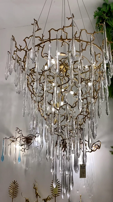 Lámpara de araña de cristal de cobre con rama francesa moderna, accesorio de iluminación artístico en forma de gota de lluvia para sala de estar/vestíbulo/comedor