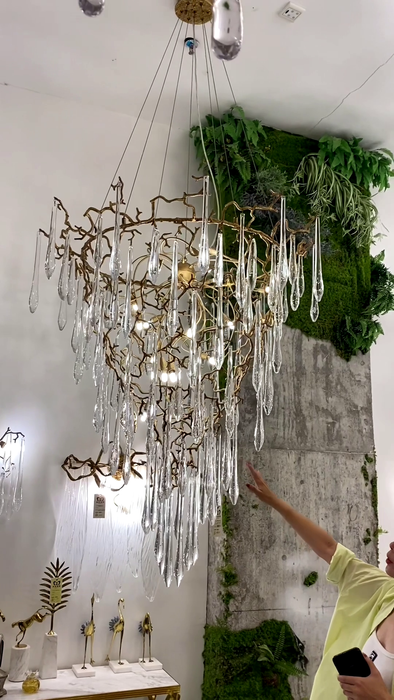 Modern French Branch Copper Crystal Chandelier Raindrop Art Living Room/Foyer/Dining Room Light Fixture