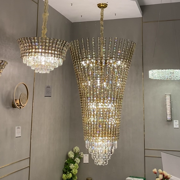Nuovo lampadario di cristallo a più livelli creativo di lusso con finitura oro champagne per soggiorno/sala da pranzo/scala/foyer 