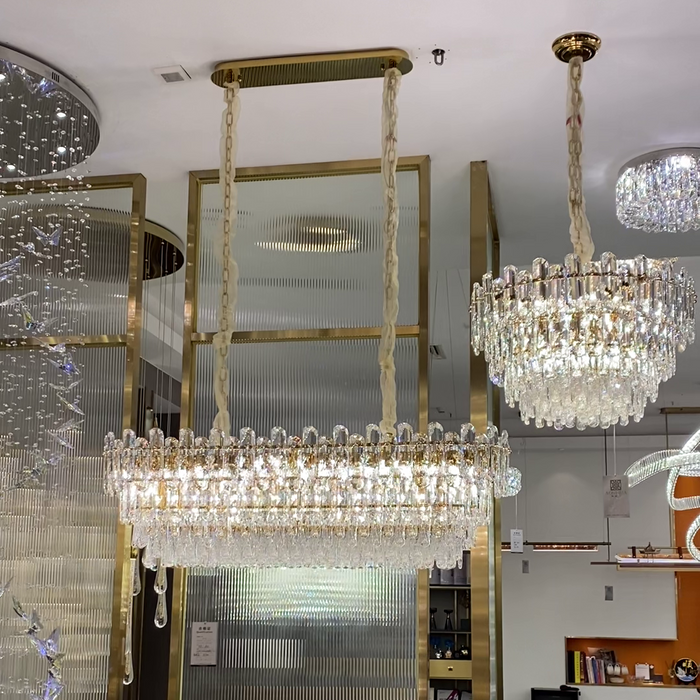 Light Luxury Round/Rectangular Clear Crystal Chandelier in Champagne Gold/Chrome Finish for Living/Dining Room/Bedroom