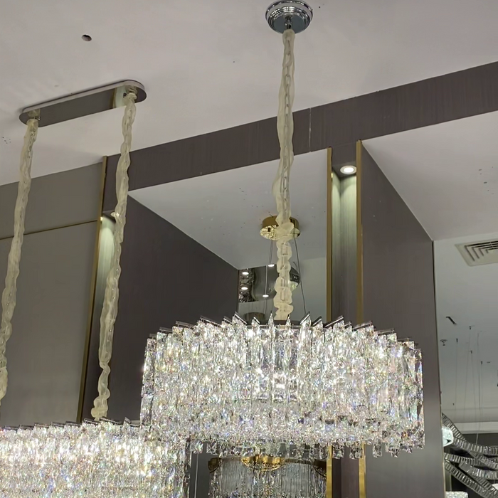 Lámpara de araña de cristal de hielo redonda/rectangular de lujo moderna con acabado cromado para sala de estar/comedor/dormitorio 