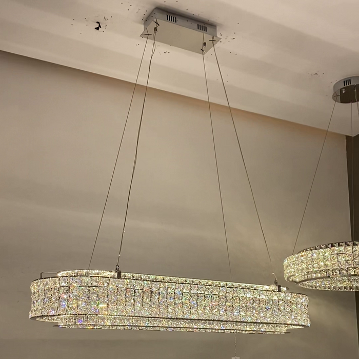 Lámpara de araña de cristal redonda/ovalada de dos capas de lujo ligera para sala de estar/comedor/isla de cocina