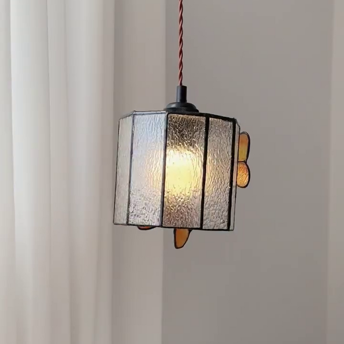 Lámpara colgante con pantalla de cristal de mariposa retro francesa