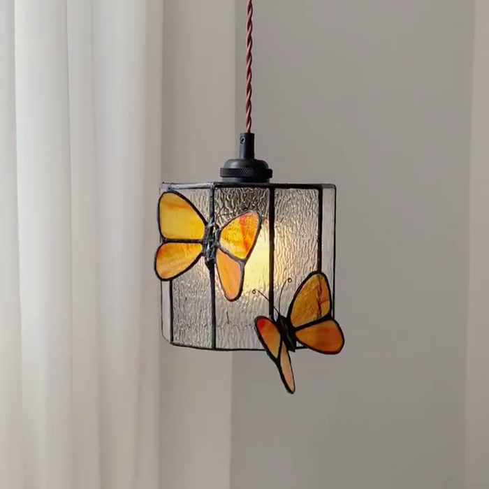 French Retro Butterfly Glass Shade Pendant Light