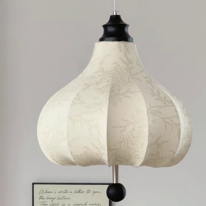 Lámpara de araña colgante francesa vintage antigua de tela floral en castaño