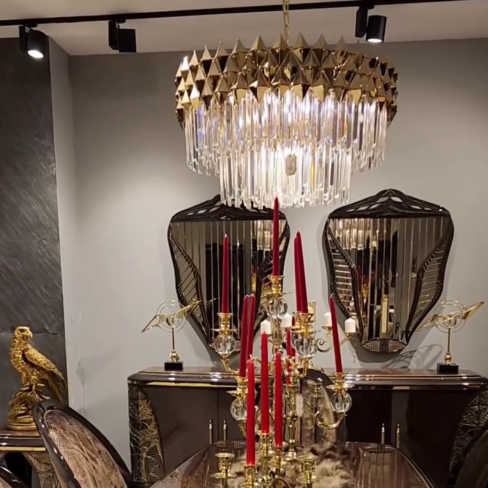Luxury 1/2-Tier Round/Rectangular Gold Finish Crystal Chandelier for Living Room/Bedroom