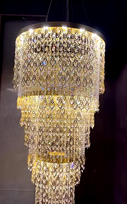 Luxury Multi-tiered Gold Feather Waterfall Crystal Chandelier for Villa/Staircase/Foyer/Living Room