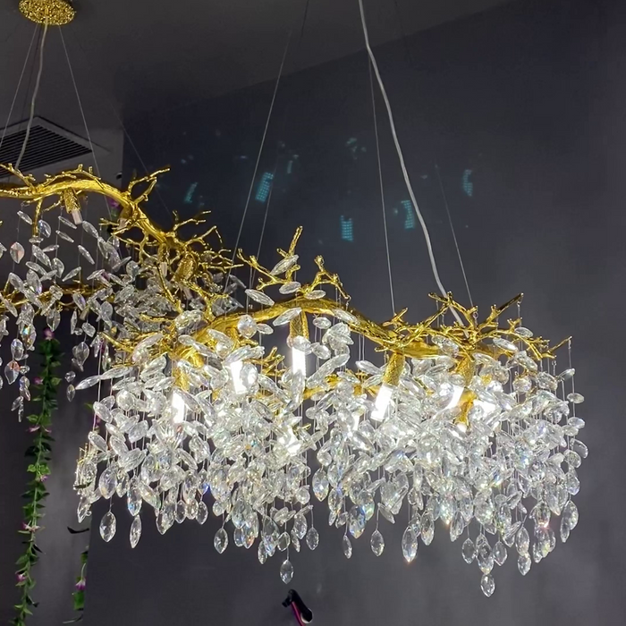 Lámpara de araña de hojas de cristal con rama de anillo de lujo para sala de estar/dormitorio/baño