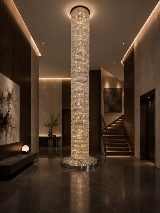 Lámpara de araña de cascada con columna de techo larga de cristal plateado de diseñador de arte de gran tamaño