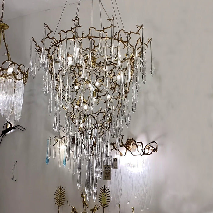 Lámpara de araña de cristal de cobre con rama francesa moderna, accesorio de iluminación artístico en forma de gota de lluvia para sala de estar/vestíbulo/comedor