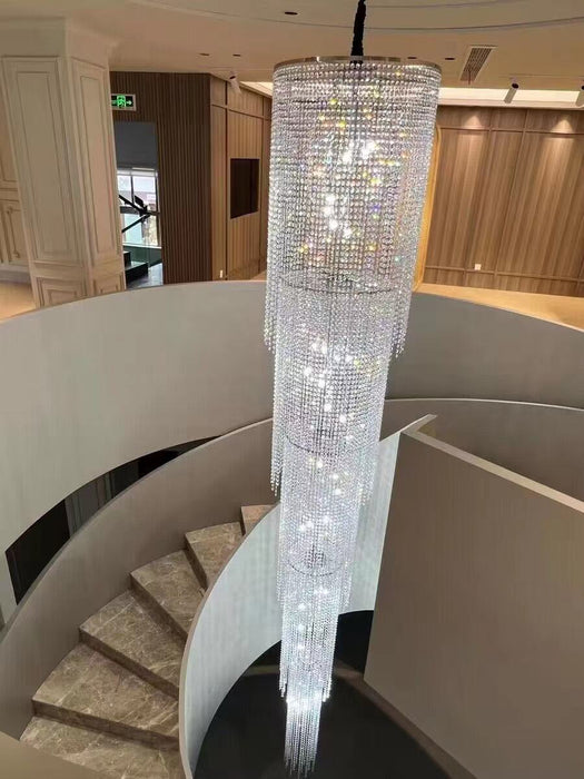 Lámpara de araña de cristal de lujo extra larga para escalera/luminaria larga de múltiples capas de 2 pisos