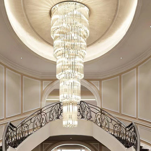 luxury, extra large, oversized,crystal, flush mount chandeliers, high-ceiling space,staircase, grand living room, duplex, luxurious 2-floor loft, entryway, deluxe, foyer and hotel lobby.