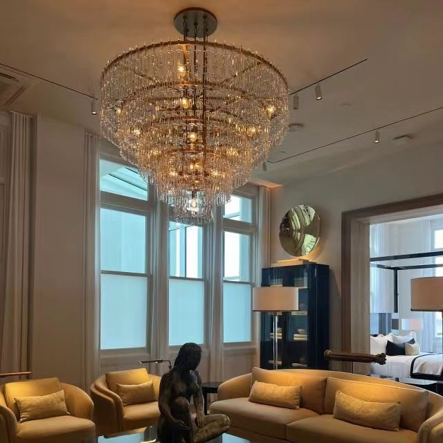 Lámpara de araña de cristal de gran tamaño de múltiples capas de lujo para sala de estar/hotel