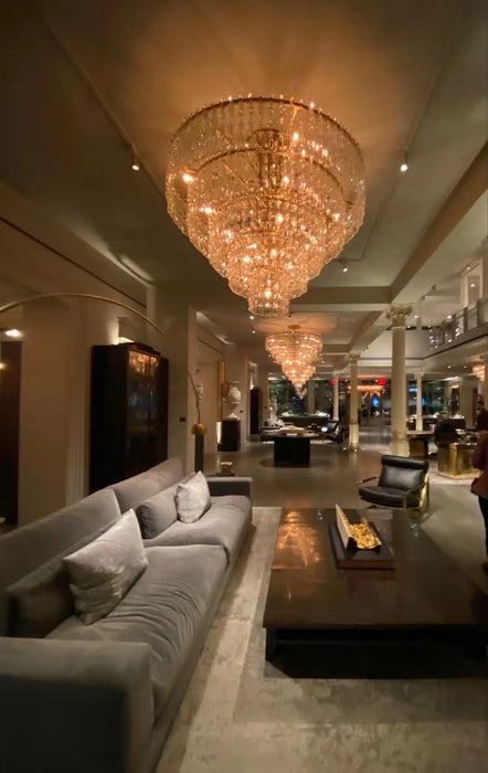 Lámpara de araña de cristal de gran tamaño de múltiples capas de lujo para sala de estar/hotel