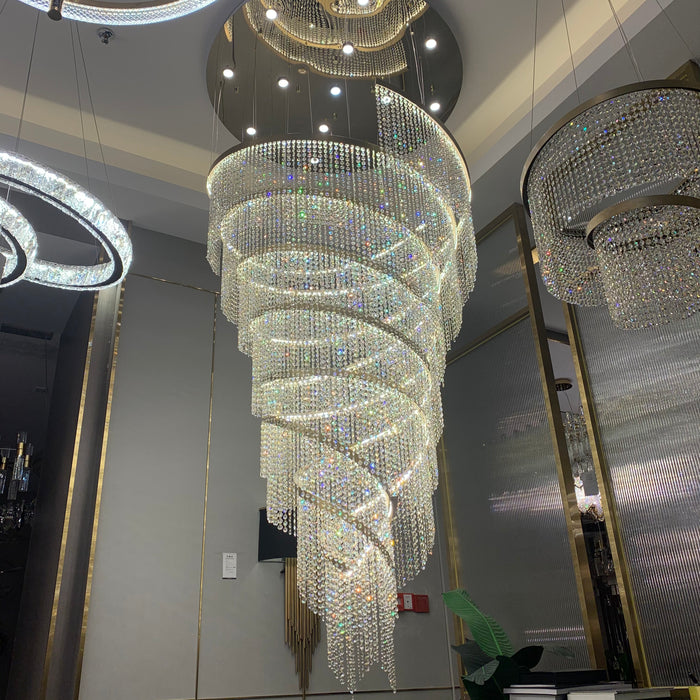 Lámpara de araña de cristal de acero inoxidable cromado, accesorio de iluminación de techo alto grande para entrada de escalera