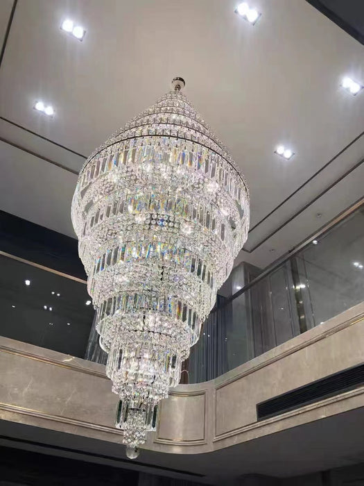 Lámpara de araña de cristal extragrande cromada para vestíbulo, escalera, sala de estar, entrada, lámpara de techo en plata