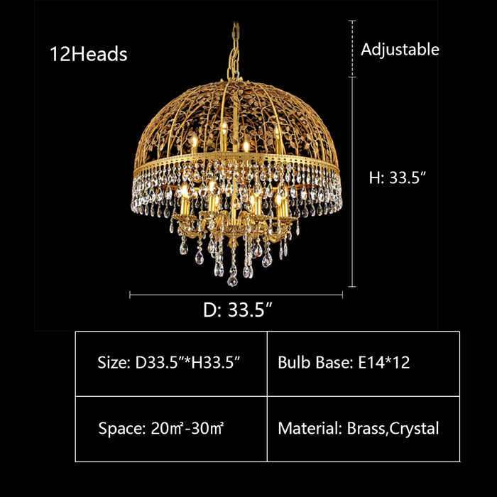 12Heads: D33.5"*H33.5" chandelier,chandeliers,gold,brass,crystal pendant,candle,branch,leaf,copper,hallway,entrys,living room,bedroom,dining table,vintage