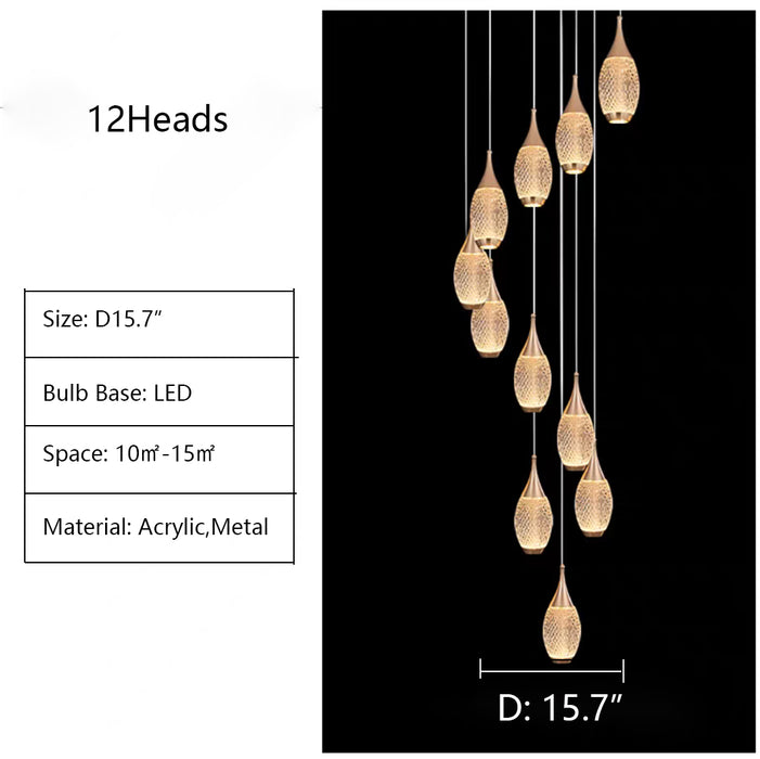 D15.7" chandelier,chandeliers,acrylic,metal,stair,extra large,large,huge,oversize,big,long staircase,gold,luxury,light luxury,bedside