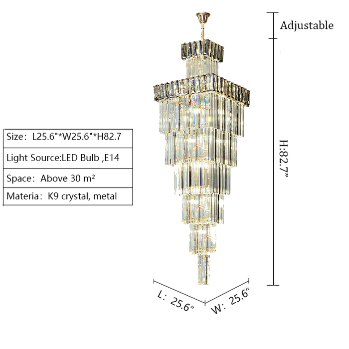extra large 2.1m golden liner crystal chandelier 82.7'' for foyer staircase
