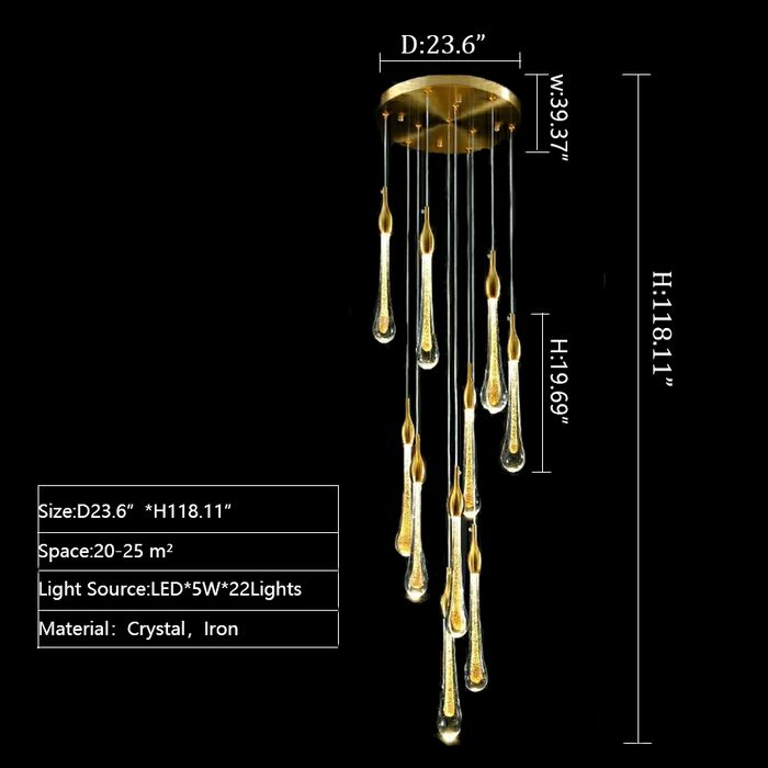 golden crystal chandelier staircase modern style water drop shaped beautiful classic foyer big house loft apartment must have 118inch extra large extra length