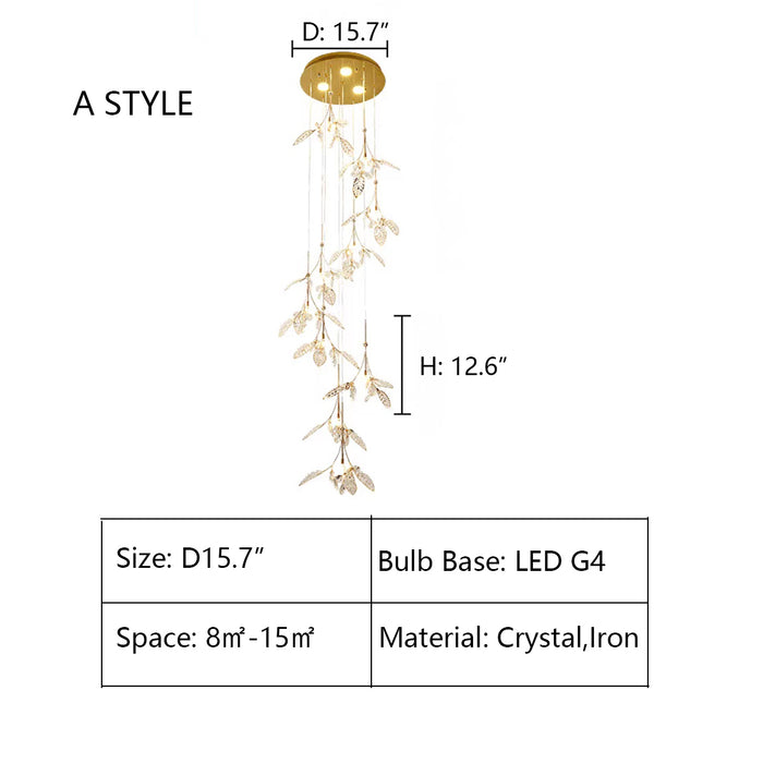 D15.7" chandelier,chandeliers,pendant,crystal,flower,leaf,living room,foyer,staircase,stairs,gold,silver,chrome,iron,dining table,kitchen island,big table,long table,bar