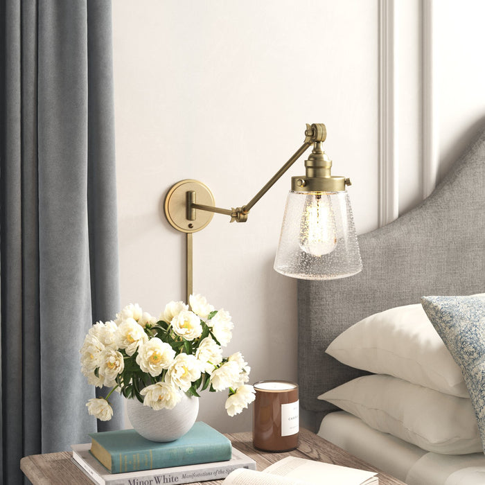 1-Light Natural Brass Clear Glass Wall Light Swing Arm Wall Lamp