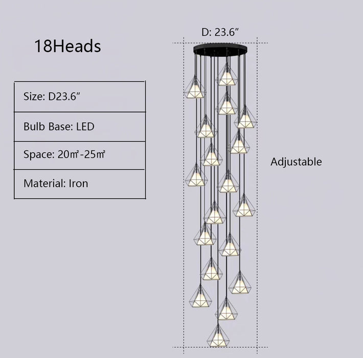 D23.6" chandelier,chandeliers,iron,diamond,industrial,cage,dining light,foyer,hallway,entryway,stairs,living room