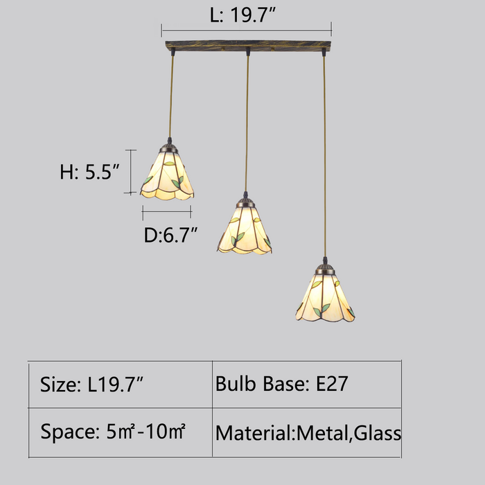 L19.7" tiffany,tiffany style,leaves,3 lights,glass,metal,dining table,long table,kitchen island,living room,foyer,hallway,entrys,entryway