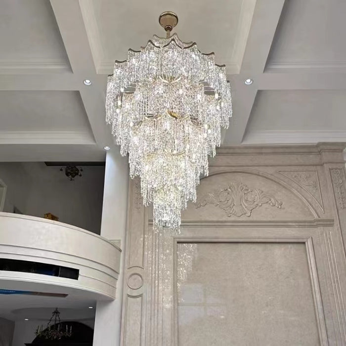 Villa de araña de cristal de lujo dorada multicapa europea de gran tamaño, accesorio de iluminación para vestíbulo de edificio dúplex